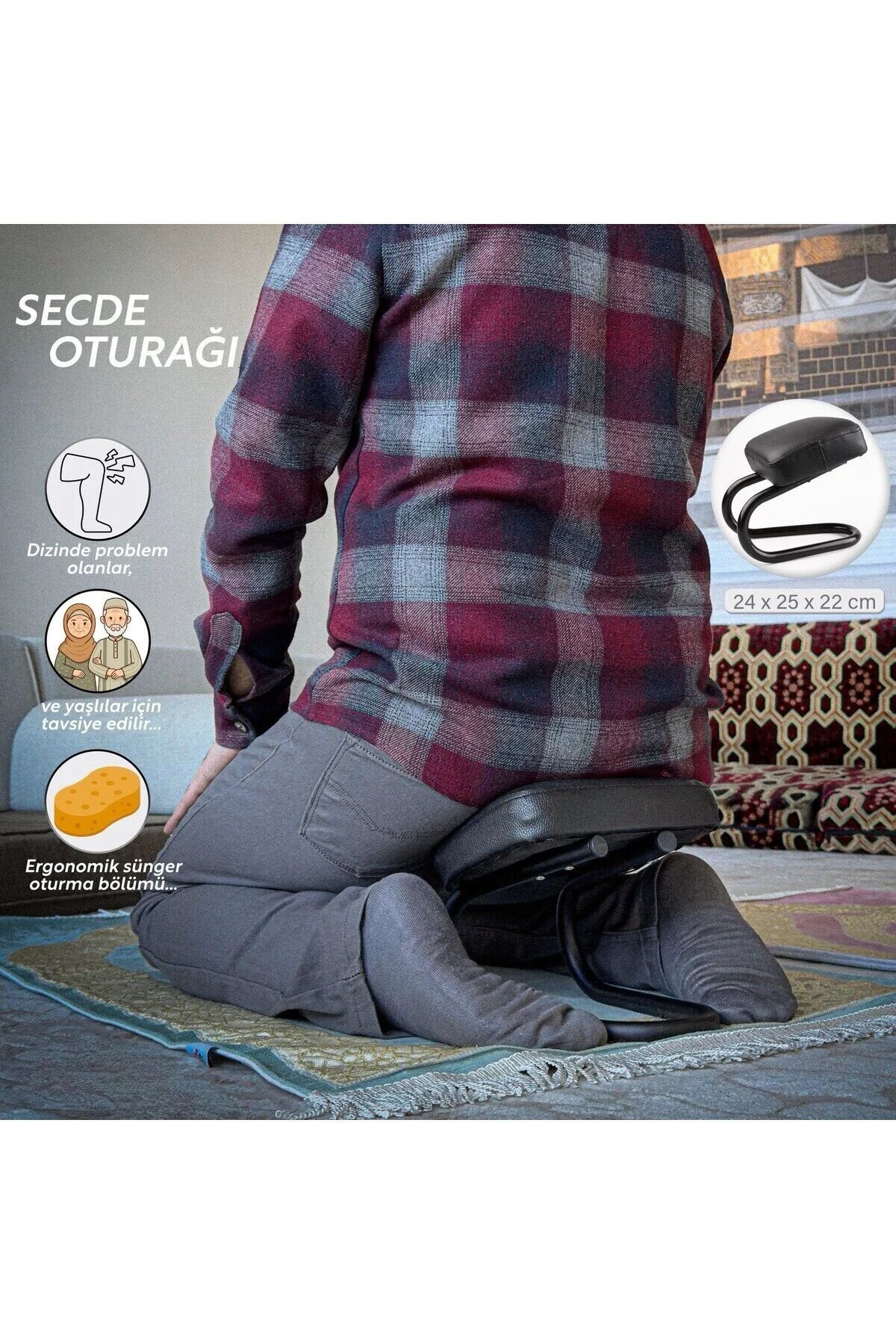 Ergonomik Secde Oturağı – Diz Dostu Namaz Oturma Minderi | Sünger Destekli Portatif Secde Taburesi