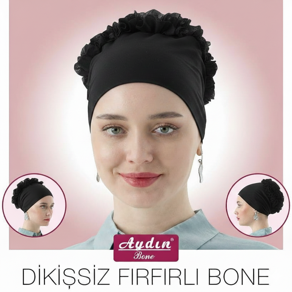 Siyah Dikişsiz Fırfırlı Bone - Aydın Bone