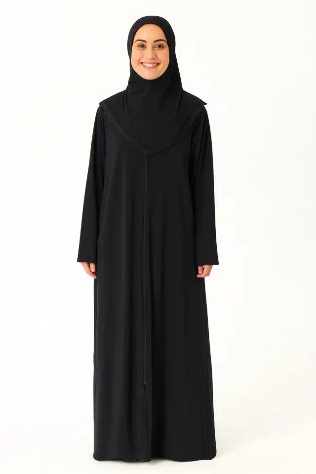 Kendinden Örtülü Fermuarlı Namaz Elbisesi – Siyah