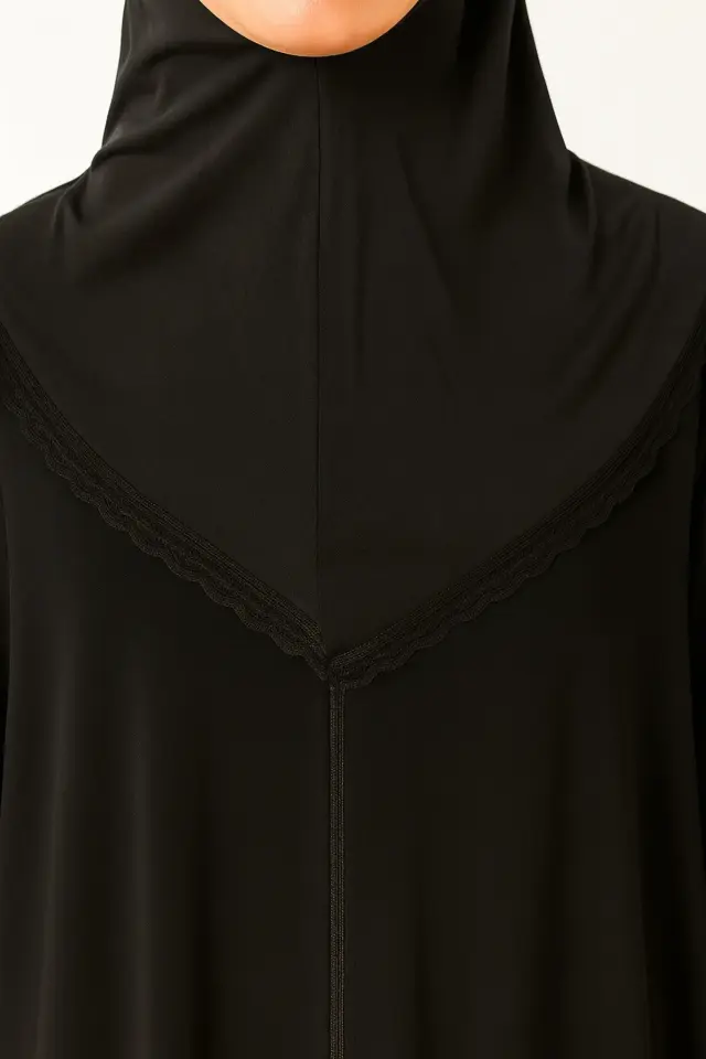Kendinden Örtülü Fermuarlı Namaz Elbisesi – Siyah