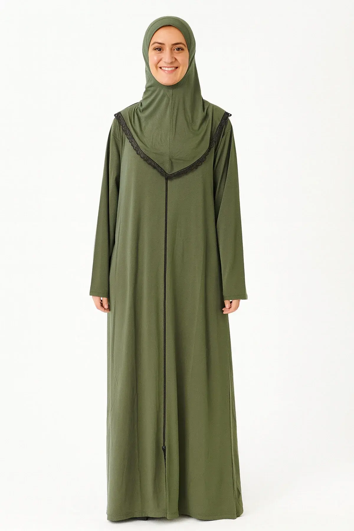Kendinden Örtülü Fermuarlı Namaz Elbisesi – Yeşil