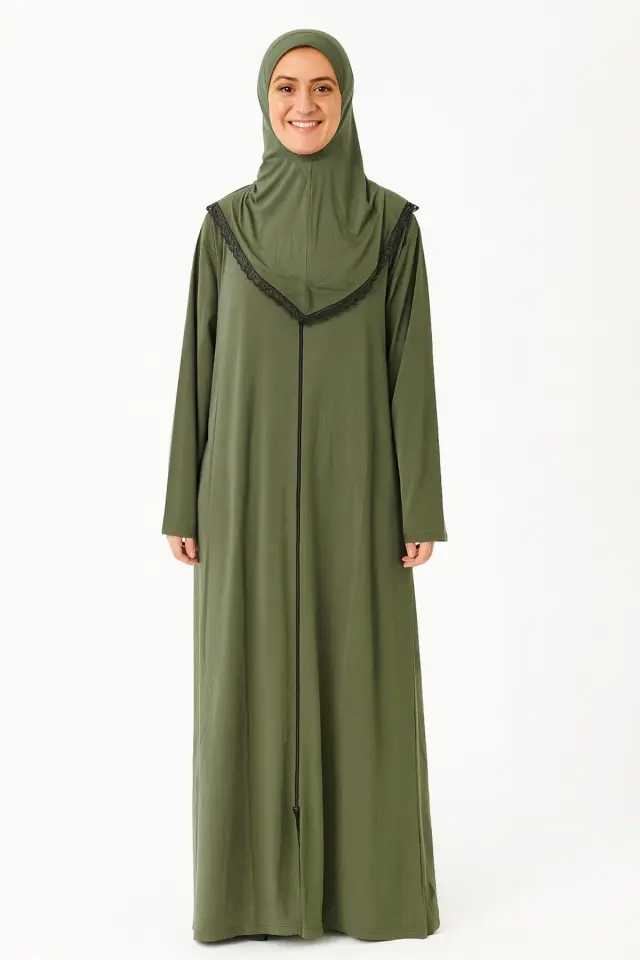 Kendinden Örtülü Fermuarlı Namaz Elbisesi – Yeşil