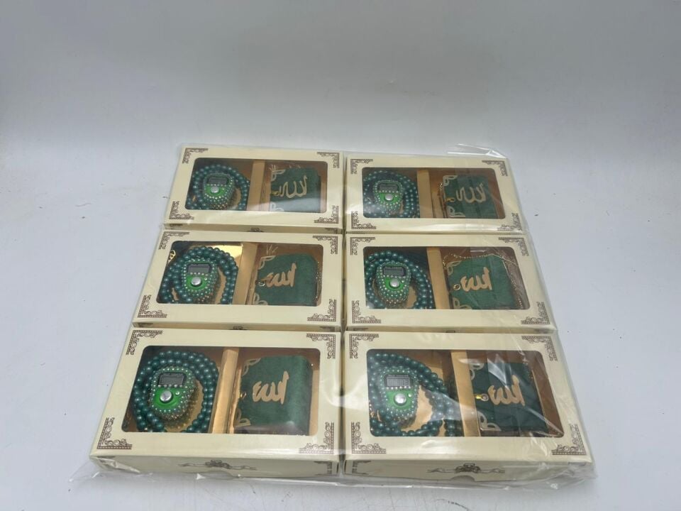 (10 Adet) Üçlü Set - Mini Kuran İnci Tesbih ve Taşlı Zikirmatik - Yeşil